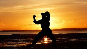 man training martial arts on sunset